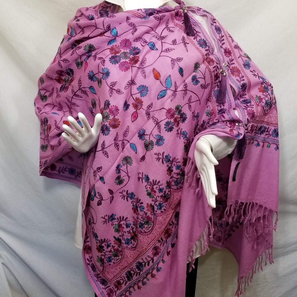 Purple Pink Embroidered Kashmir 100% Wool Scarf - Picture 6 of 6